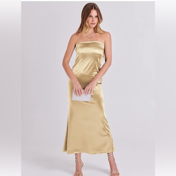 NWT Champagne Satin Strapless Tube Open Back Bodycon Cocktail Maxi Dresses - Picture 8 of 16
